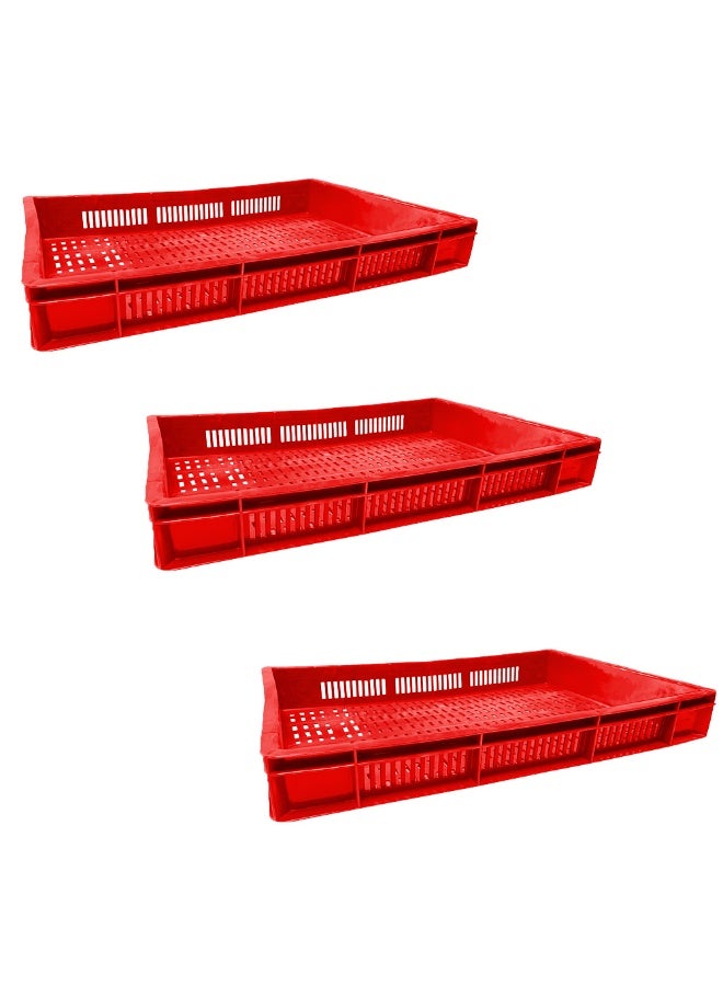 3pcs of Plastic Storage Crate 600x400x80mm Stackable Food Grade Ventilated Catering Crate Heavy Duty - Red